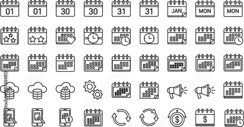 Calendar and date management icon set featuring scheduling reminders time finance notifications cloud sync symbols outline vector illustration