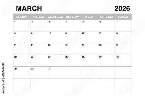 March 2026 Monthly Calendar Planner Template. 3d Rendering