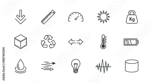 Set of fifteen simple outline icons representing measurement physics and technical elements