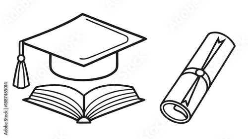 Vector illustration of drawn line art featuring graduation cap, scroll, and book, education theme