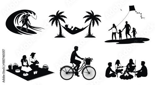 People enjoying various leisure activities on a white background