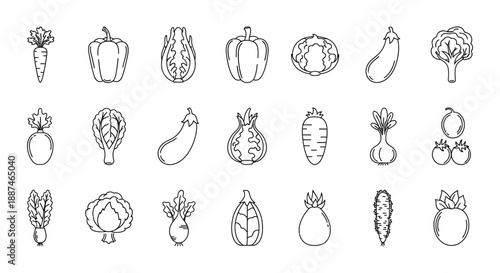 Collection of simple black and white outline icons depicting various fresh garden vegetables and produce