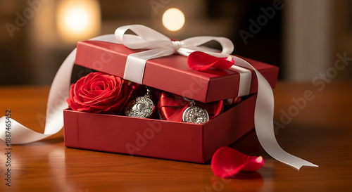 Red gift box with roses and chocolates on wooden table.