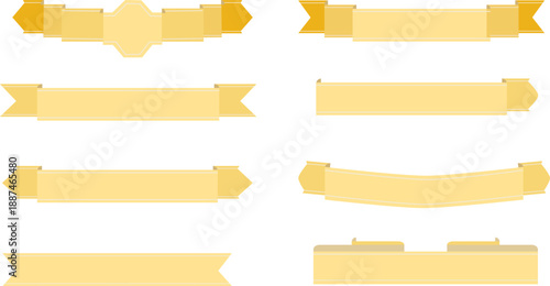 淡いゴールドカラーで統一したフラットデザインのリボンバナーバリエーションセット｜見出し・タイトル・キャンペーン表現に使いやすい上品な装飾素材イラスト