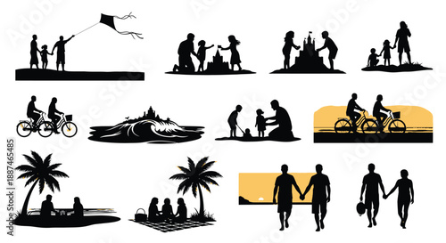 Collection of silhouette people enjoying various leisure activities
