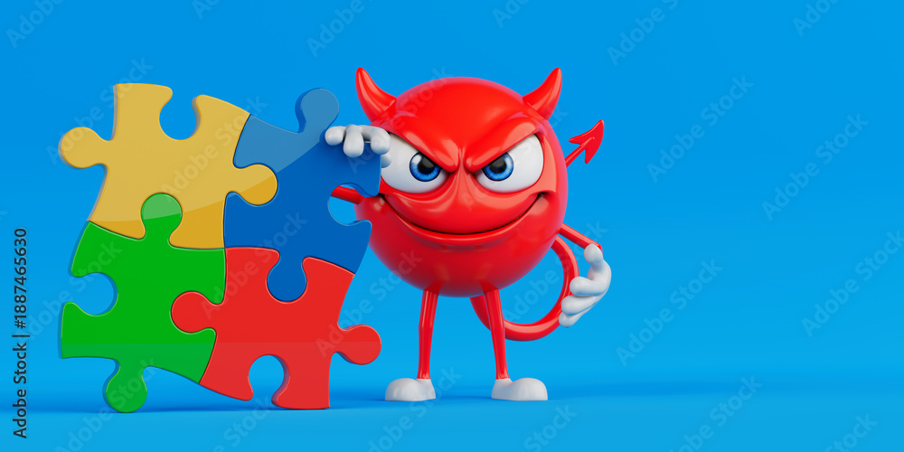 Naklejka premium Problem Solving And Strategic Thinking Concept. Red Evil Cartoon Character Holding Colorful Puzzle Pieces. 3D Rendering