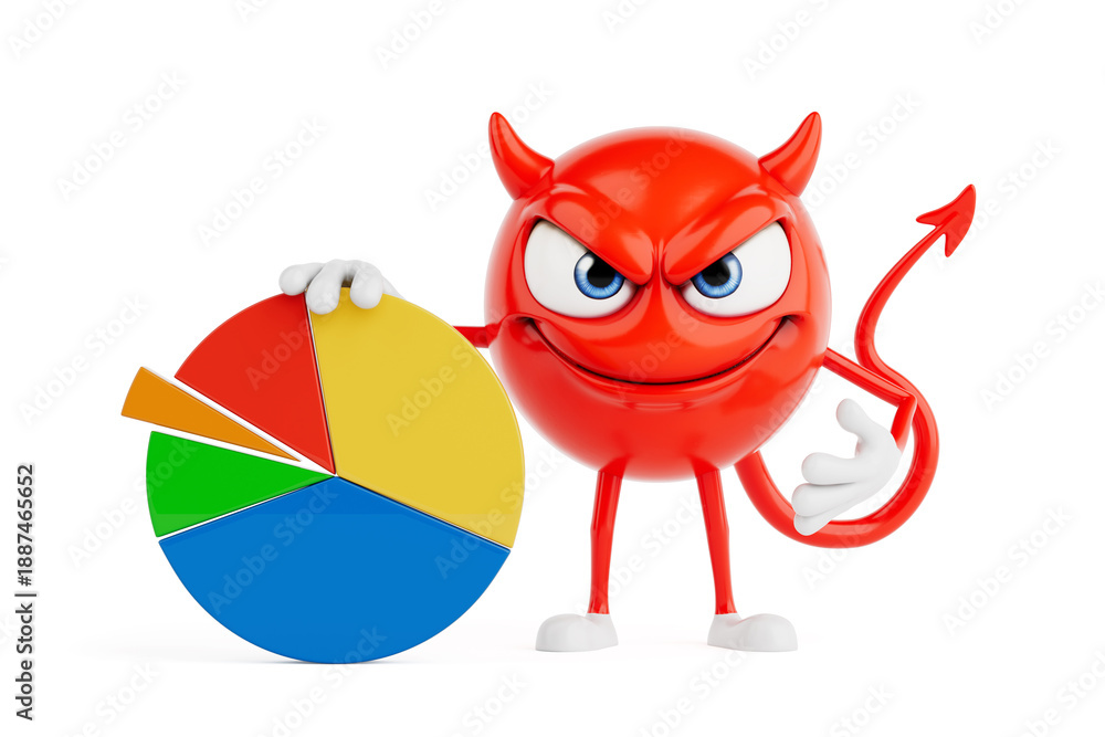 Fototapeta premium Data Analysis And Business Control Concept. Red Evil Cartoon Character Holding Colorful Pie Chart. 3D Rendering