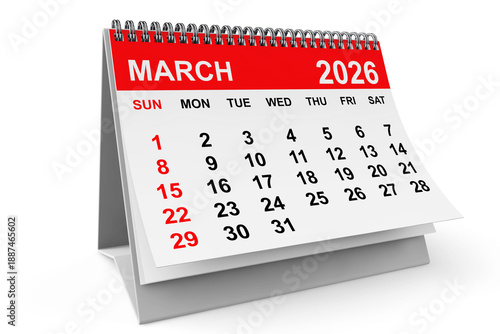 2026 Year March Calendar. 3d rendering