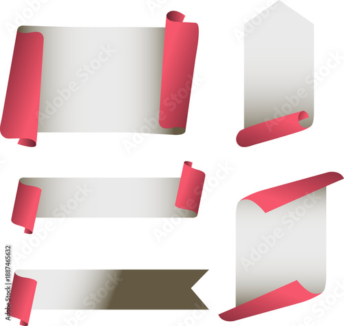 赤い縁取りと巻き紙風デザインが特徴のリボンバナーセット｜お知らせやキャンペーン表示として使いやすい汎用性の高い装飾用イラスト素材