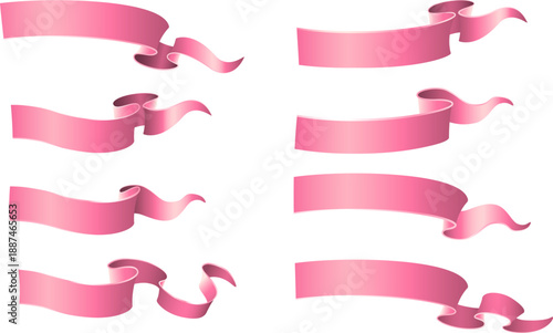 やわらかなピンクグラデーションで表現した立体リボン見出しセット素材｜カーブとひねりのある装飾用リボンイラスト、バナー・タイトル・広告デザイン向け