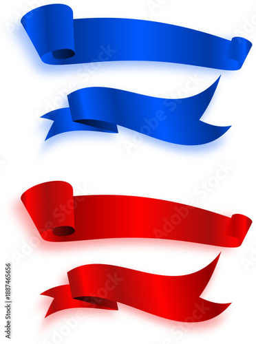 鮮やかな青と赤の立体的なリボンバナーセット・光沢とグラデーションを持つ装飾用素材のクリップアートデザイン