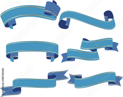 青系カラーで統一された立体リボンバナー装飾イラストセット｜折り返し表現のあるクラシック調デザイン、見出し・タイトル・Web・印刷物向け素材