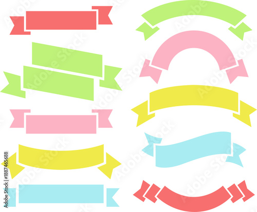 パステルカラーのリボンバナーを多彩な形状で収録した見出しや文字装飾に使えるフラットイラスト素材