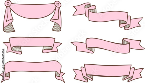 やわらかな線で描いたピンク色の手描き風リボンバナーを集めた文字装飾用イラスト素材