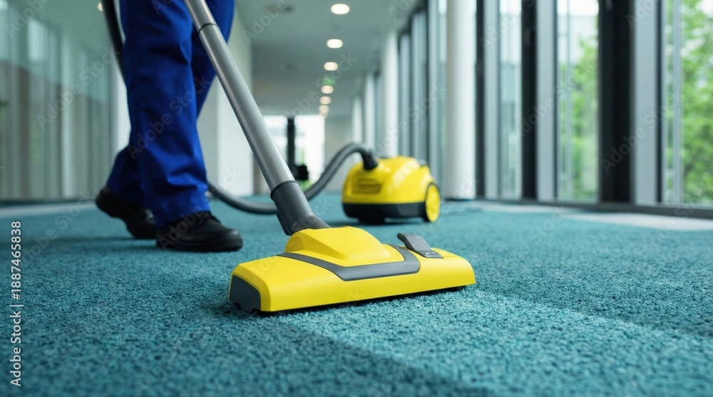 Obraz premium オフィスカーペットを掃除する黄色い掃除機と清掃員の足元