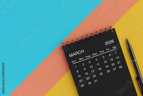 Black Flip Monthly March 2026 Business Calendar with Black Pen. 3d Rendering