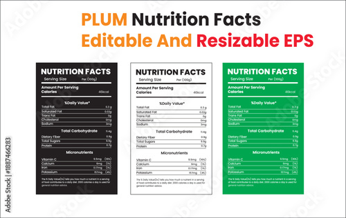 Nutrition facts templates for plum products displayed in various colored layouts on a clean interface
