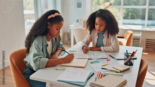 Two African American girls are studying together doing homework at home, focus on education