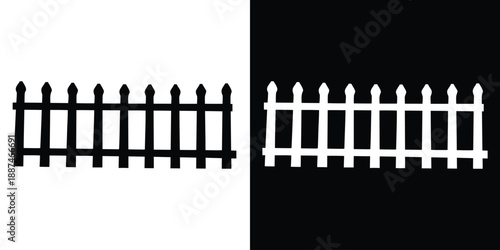 Fence silhouette vector, Garden fence icon, Wooden fence barrier black silhouette