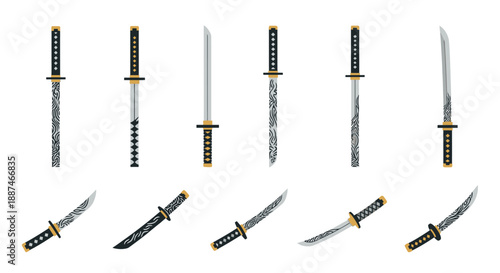 Collection of Various Katana Swords and Knives.
