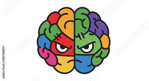 Colorful Cartoon Brain with Angry Faces.