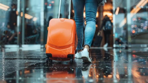 Close-up of Woman in Jeans and Sneakers Pulling an Orange Carry-on Luggage Through a Shiny Airport Floor