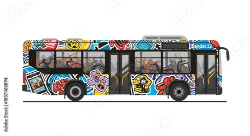 Colorful Graffiti Covered City Bus Vehicle.