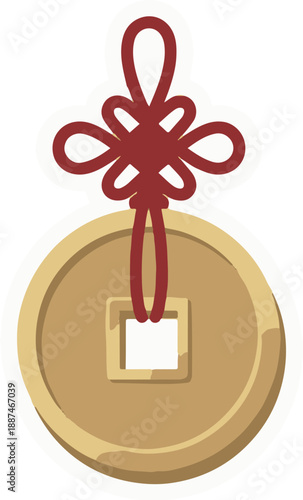 Gold Chinese lucky coin hanging from red mystic knot vector illustration.