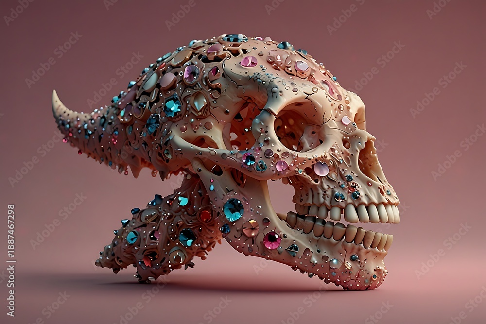 Fototapeta premium Stunning graphic image of a dinosaur skull adorned with colorful jewels and gems on a pink background symbolizing luxury and power in a fantasy concept art piece