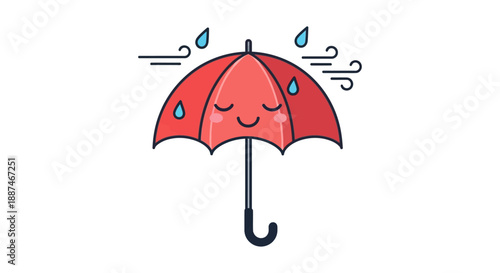 Red Cartoon Umbrella with Smiling Face in Rain.