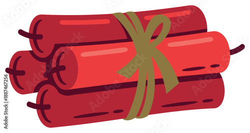 Bundle of red dynamite sticks or firecrackers tied with ribbon vector illustration.
