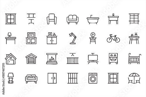 Residential Furniture and Home Icons in Clean Line Style