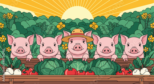 Illustration of four cartoon pigs standing behind a wooden fence with vegetables on a sunny day in March with a national celebration theme.
