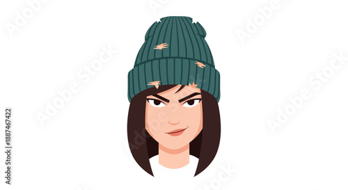 Woman Wearing Green Knit Beanie Hat.