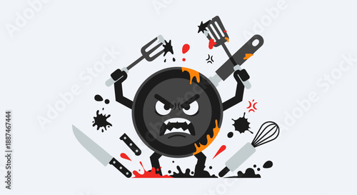 Angry Black Circle Character with Kitchen Utensils.