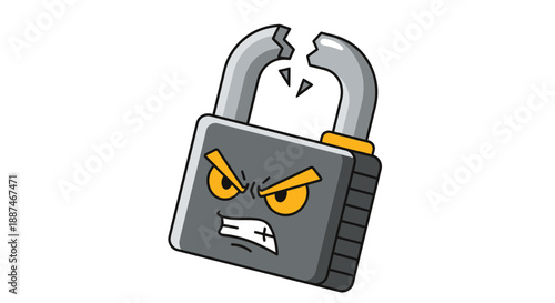 Angry Cartoon Lock with Broken Shackle.