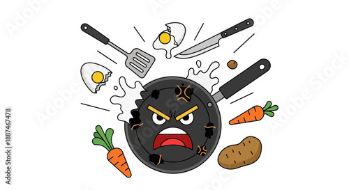 Angry Frying Pan with Utensils and Vegetables.
