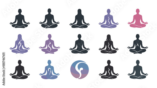 Meditation silhouettes in various colors and designs, promoting inner peace.