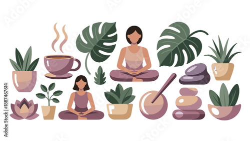 A serene illustration of yoga, wellness, and self-care elements.