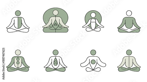 Eight different zen illustrations of people in meditation, promoting mindfulness and tranquility.
