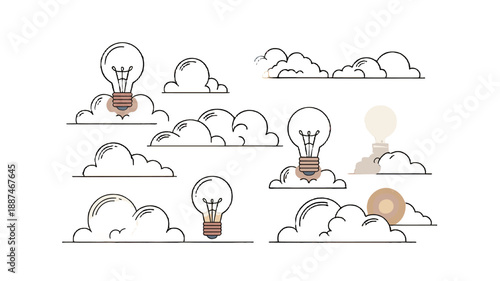Creative thinking and innovative ideas represented by lightbulbs and clouds.
