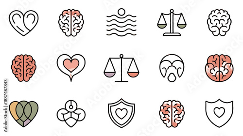 Conceptual icons related to mental health and well-being.