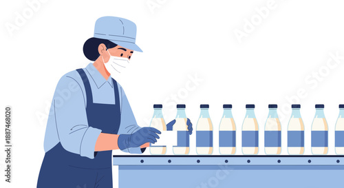 A factory worker in a mask and gloves checks milk bottles on a production line
