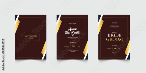 Luxury wedding invitation card or event set with minimalist gold decoration. Modern wedding invitation set golden accents, ideal for stylish and upscale weddings