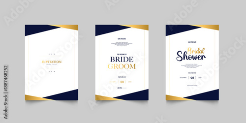 Luxury wedding invitation card or event set with minimalist gold decoration. Modern wedding invitation set golden accents, ideal for stylish and upscale weddings
