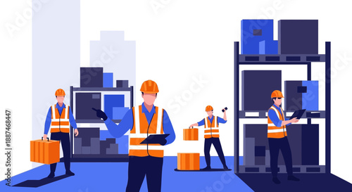 Workers in warehouse handle boxes and equipment with safety gear on