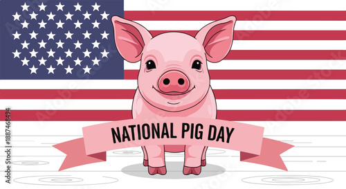 Cartoon pig with a pink ribbon celebrating National Pig Day in March against a US flag background with a cheerful expression.