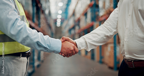 Tableau sur toile Business people, meeting and warehouse with handshake for partnership, b2b or deal in logistics