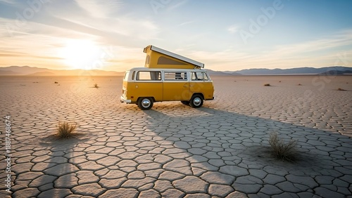 Yellow van on dry cracked desert ground.