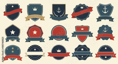Collection of vintage badges and emblems featuring anchors, crowns, and stars in various shapes and colors displayed on a neutral background